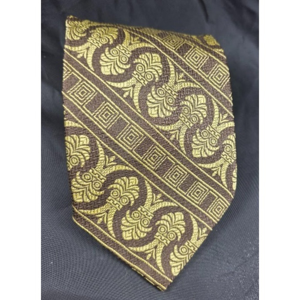 Men's Necktie Brown Gold Geometric Baroque Pattern Classic Unbranded Vtg Style